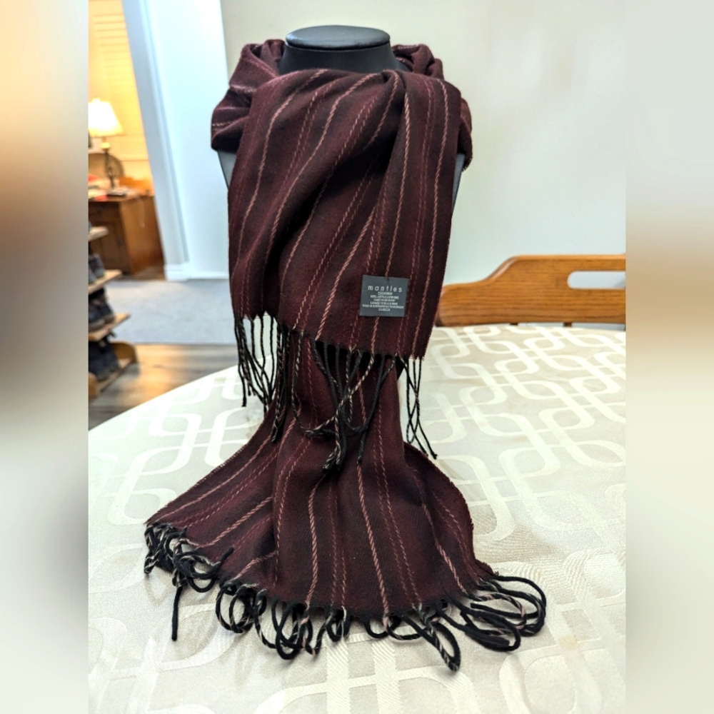 - Scarf Mantles. Cashmink . Dark wine colour with stripes. 52 x 11 inches.